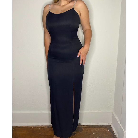 Gunnie Sax Black Tight Midi Dress with Front Leg Slit & Rhinestone Straps 9/10 - Picture 13 of 16